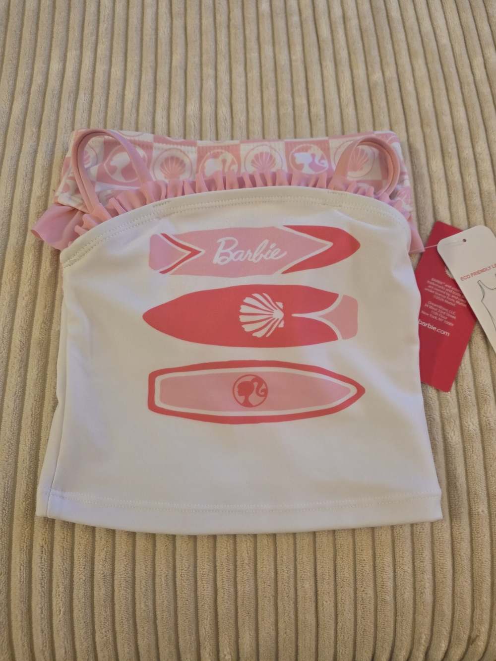 Barbie White and Pink Surfboard Tankini Top And Bottoms